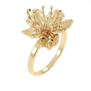 ANEL FLOR DE CEREJEIRA COM RUBI OURO AMARELO