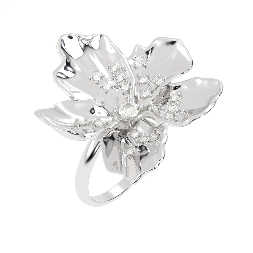 ANEL FLOR DE CEREJEIRA GRANDE COM BRILHANTE OURO BRANCO